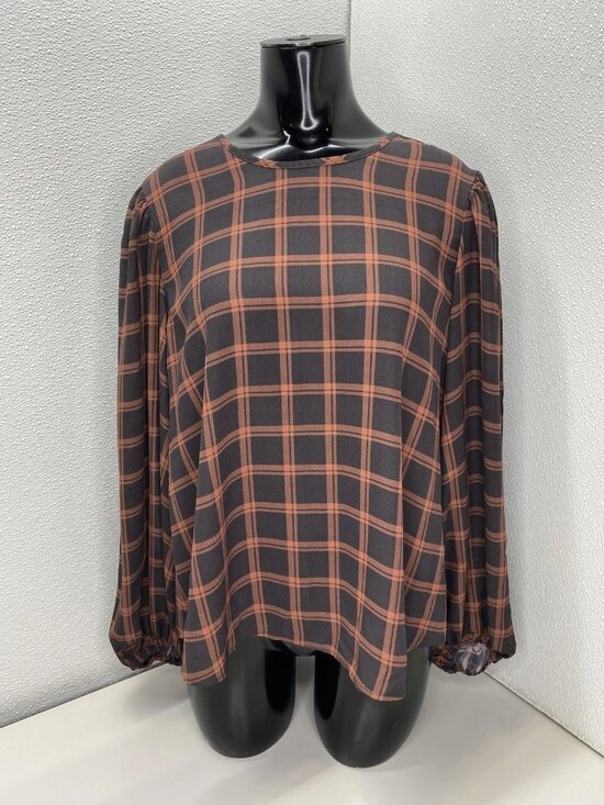 Toccin Grid Puff Sleeve Blouse Women’s M Chocolate - Picture 1 of 10